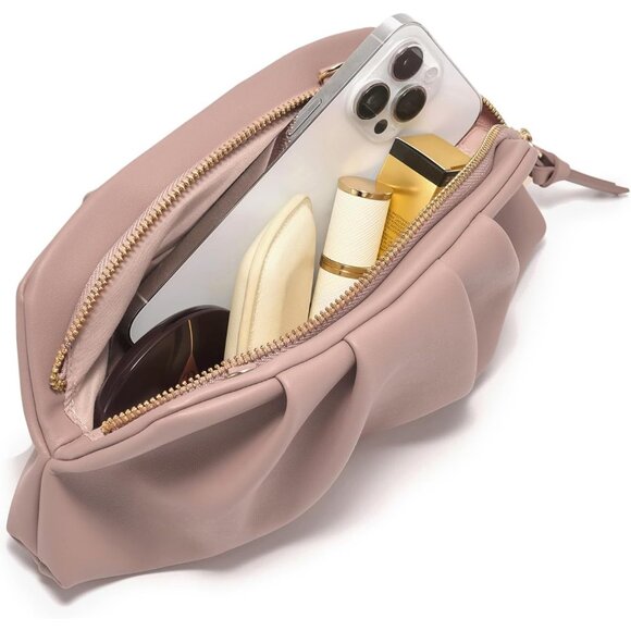 ⚡Women's Soft Pleated Vegan Leather Zipper Closure Evening Light Pink Clutch Bag - Picture 5 of 6